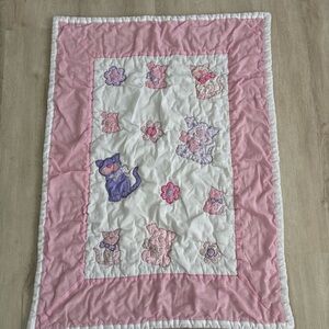 VNTG 100% Cotton Baby Girl Quilted Blanket Embroidered Cat And Dog Pink 31x43